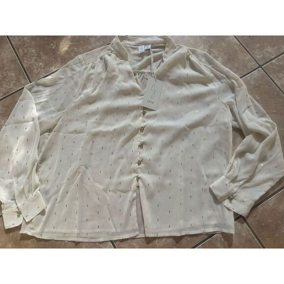 NWT JOIE XL Chiffon Ivory Blouse Metallic Print Gold Buttons - Picture 1 of 7